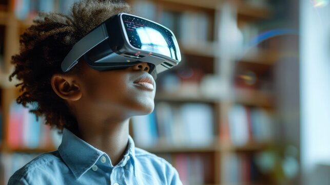 Kid wearing virtual reality goggles, Future technology concept.