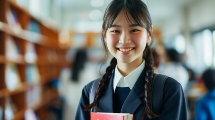 Asian Schoolgirl with notebook and backpack. back to school. teen girl ready to study. Banner of school girl student. Schoolgirl pupil portrait with copy space