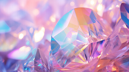 Gros plan sur des pierres précieuses, diamants, objets scintillants et brillants. Couleurs irisées, holographique. Arc-en-ciel, dégradé, couleurs claires. Pour conception et création graphique.