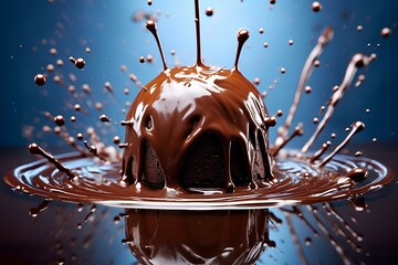 A close-up of a chocolate syrup stream gracefully pouring onto a stack of delicious chocolate...