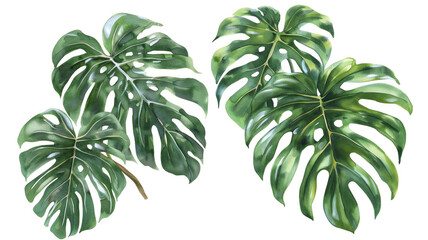 Exotic Tropical Foliage: Palm Leaves, Monstera, and More - Watercolor Vector Illustration on White Background - obrazy, fototapety, plakaty