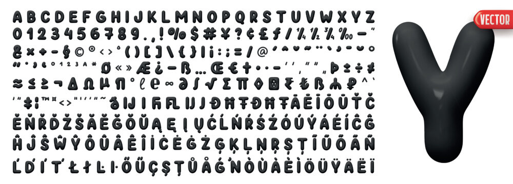 Fonts Complete set alphabetic letters and symbols and signs, numbers. Big collection of creative Font realistic 3d design plastic balloons style. Language support French, German. Vector illustration