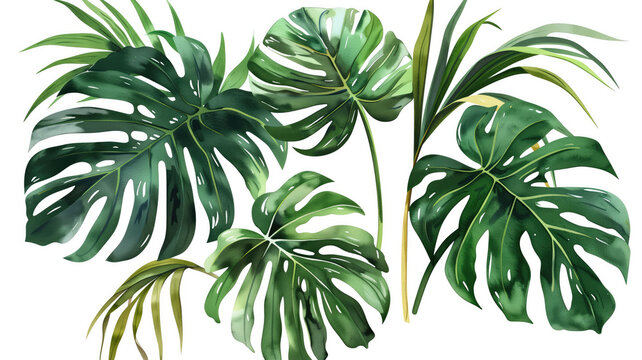 Exotic Tropical Foliage: Palm Leaves, Monstera, and More - Watercolor Vector Illustration on White Background