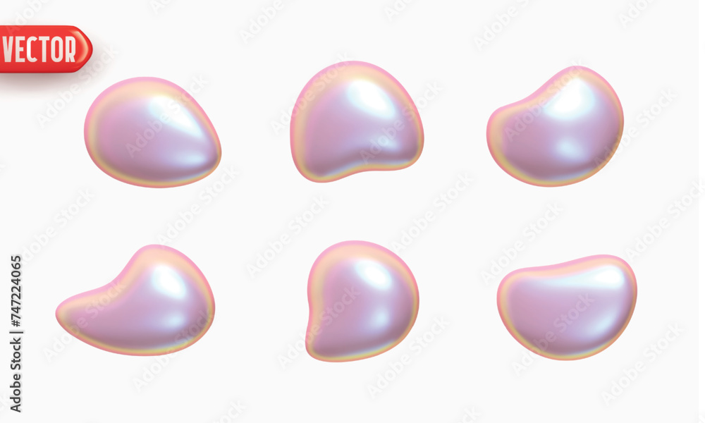 Poster Set of flat liquid drops of different shapes of objects realistic 3d design. Design elements isolated on white background. Holographic color gradient. Vector illustration