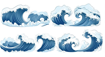 Fototapeta na wymiar Japanese blue sea waves sketch set, isolated on white background. Ocean wave set hand drawn doodle illustration.