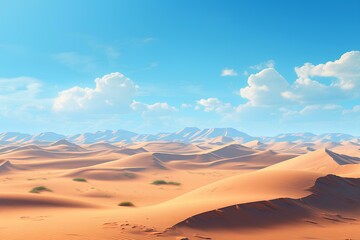 A serene desert landscape with sand dunes stretching towards the horizon under a clear blue sky.