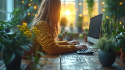 modern young woman entrepreneur working remotely, home office setup, focus and dedication. - obrazy, fototapety, plakaty
