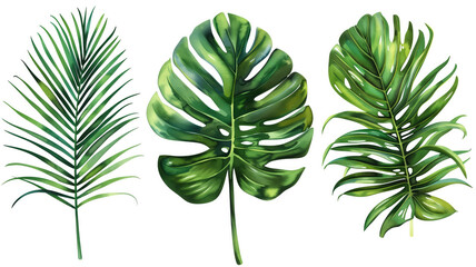 Exotic Tropical Foliage: Palm Leaves, Monstera, and More - Watercolor Vector Illustration on White Background - obrazy, fototapety, plakaty