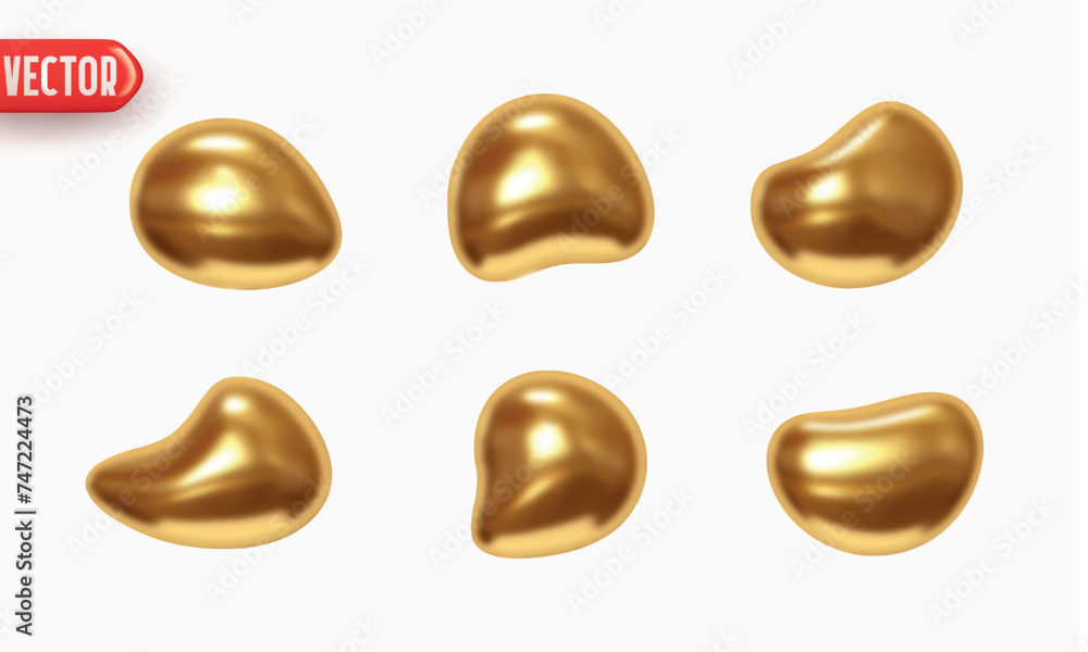 Poster gold set of flat liquid drops of different shapes of objects realistic 3d design. design elements is