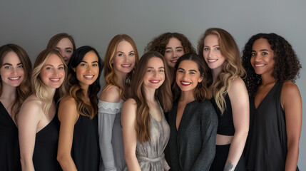 portret grupy pięknych kobiet o różnym kolorze skóry i różnym typie urody, szare neutralne tło