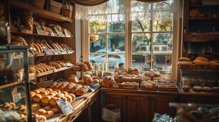 Artisan Bread and Pastries Display in Rustic Bakery Shop