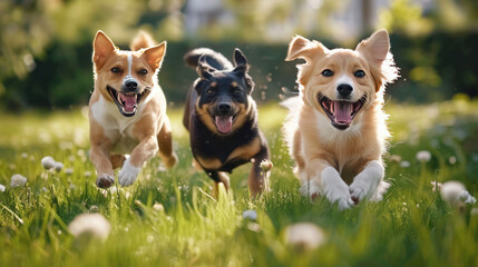A Playful Scene of a Funny Dog and Cat Group Jumping and Running in Nature