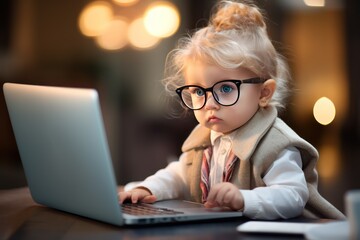 Cute little girl using a laptop ,Little child and education,Little child and technology,Smart toddler girl wearing big glasses
