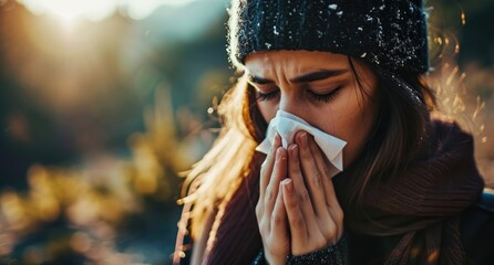 A woman, unwell with a runny nose, sneezes into a tissue, battling through the discomfort of allergies, cold, or flu symptoms during the challenging seasons - obrazy, fototapety, plakaty