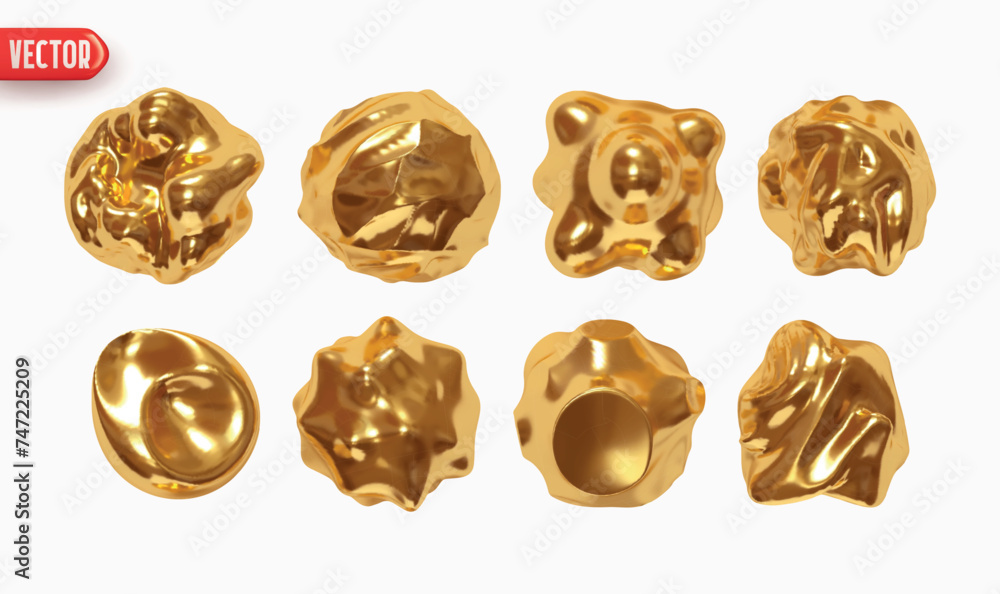 Poster set of golden metaball shapes of objects realistic 3d design. gold collection meteorites asteroids c