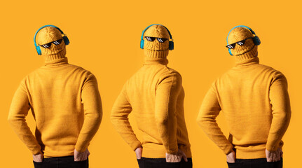 Man in yellow sweater and beanie with pixel sunglasses and headphones