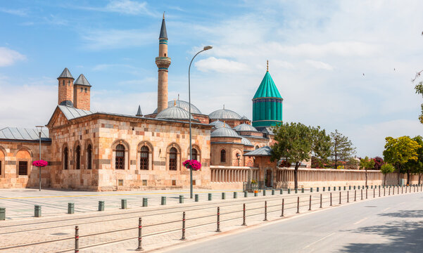 Konya Mevlana Museum from the garden of tulips and the mausoleum of Mevlana - konya, Turkey