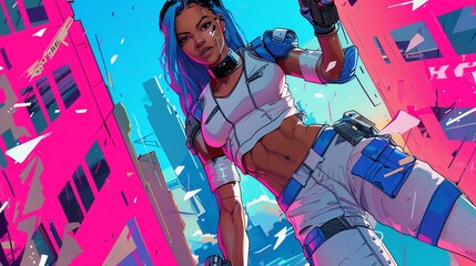 Pink Power Blue-Haired Warrior in White and Blue Outfit Generative AI