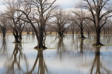 Flood with dry trees, flood concept
