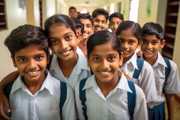 Group of cute Indian students in school,Teenage school kids smiling to camera in school 