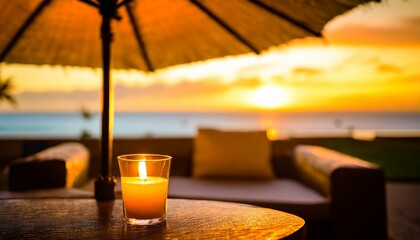 Beautiful romantic seaside restaurant terrace at sunset (blurred and easy to use background )