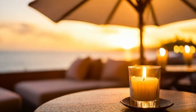 Beautiful romantic seaside restaurant terrace at sunset (blurred and useful background image)
