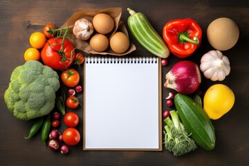 notebook in the middle and around vegetables, Fruits, Food backgrounds for graphics