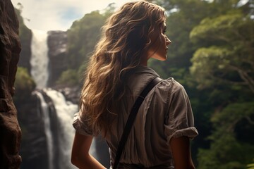 Woman and lifestyle of life and travel concept,Woman overlooking waterfall  - Powered by Adobe