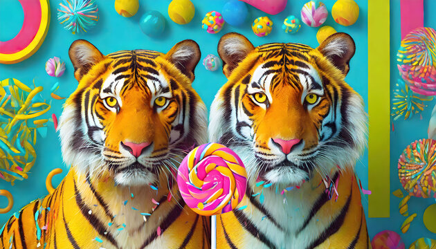 zwei, tiger, lutscher, clown, zirkus, kind, baby, party, hintergrund, geburtstag, kinder, close up, bunt, witzig, copy space, gestalten, entwerfen, Geschenkkarte,
