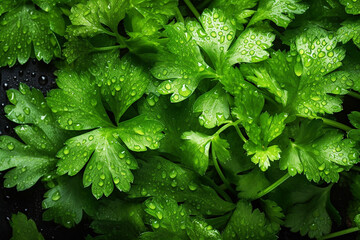 Fresh green leaves of Cilantro, parsley, covered with water droplets. Background.