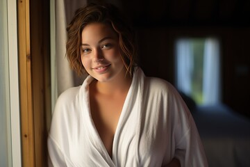 Young beautiful and chubby girl wearing a bathrobe 