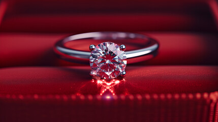 Beautiful white gold or silver engagement ring with large stone with red ring box. generative ai