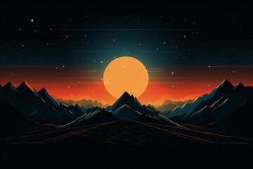 a sunset over mountains and a large sun
