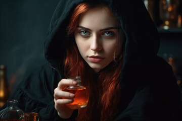 A witch, a beautiful girl in a black cape with a hood is preparing a love potion.