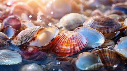 Close-up view of various seashells partially submerged in water with sunlight. Shells in shades of orange, brown, and white, with distinct patterns and textures. Coastal beauty and ocean treasures