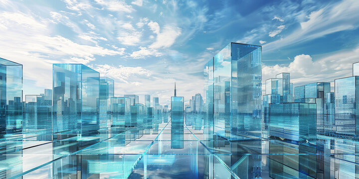 Futuristic cubes and city skyline.