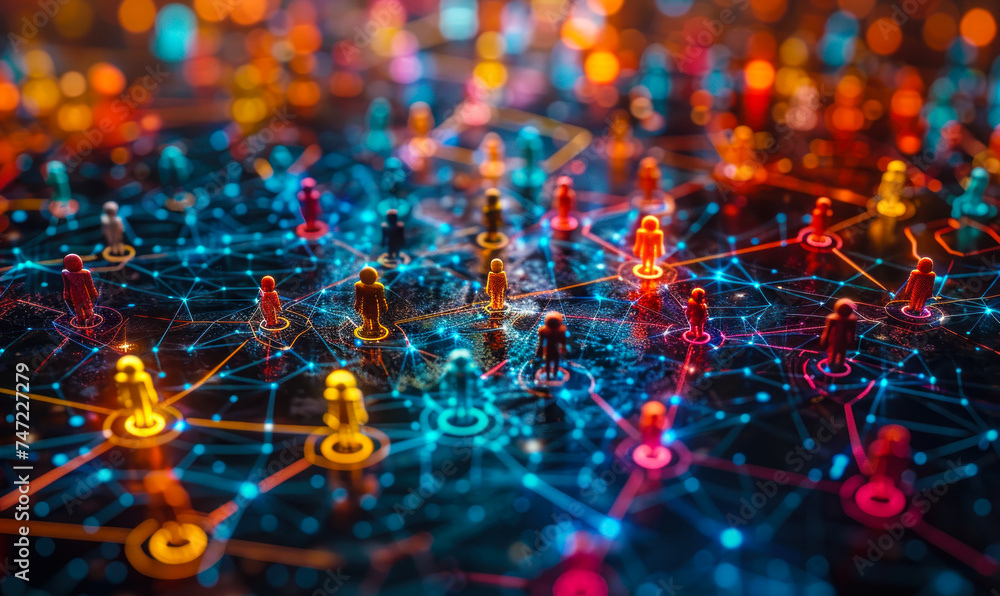 Poster colorful figurines connected by lines on a network grid illustrating concepts of social networking, 