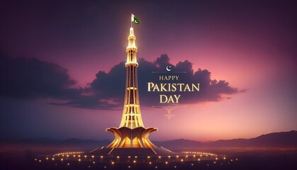 Illustration of tall tower illuminated with golden lights against a twilight sky for pakistan day. - obrazy, fototapety, plakaty