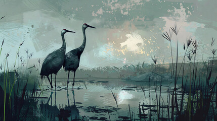 Lenticular cranes living in the wetland