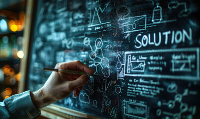 Close up of a person's hand writing the word solution with white chalk on a blackboard, representing problem solving, creativity, and successful strategies - obrazy, fototapety, plakaty