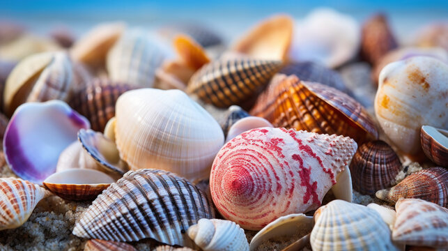 Vivid close-up image of collection of sea shells in array of colors and patterns. Intricate designs and textures are highlighted by lighting, emphasizing their natural beauty. Marine mosaic background
