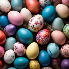 Fototapeta na wymiar Easter eggs background, color painted eggs variety, top view.