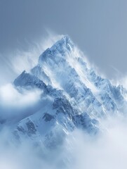 Towering Snow-Covered Mountain With Clouds