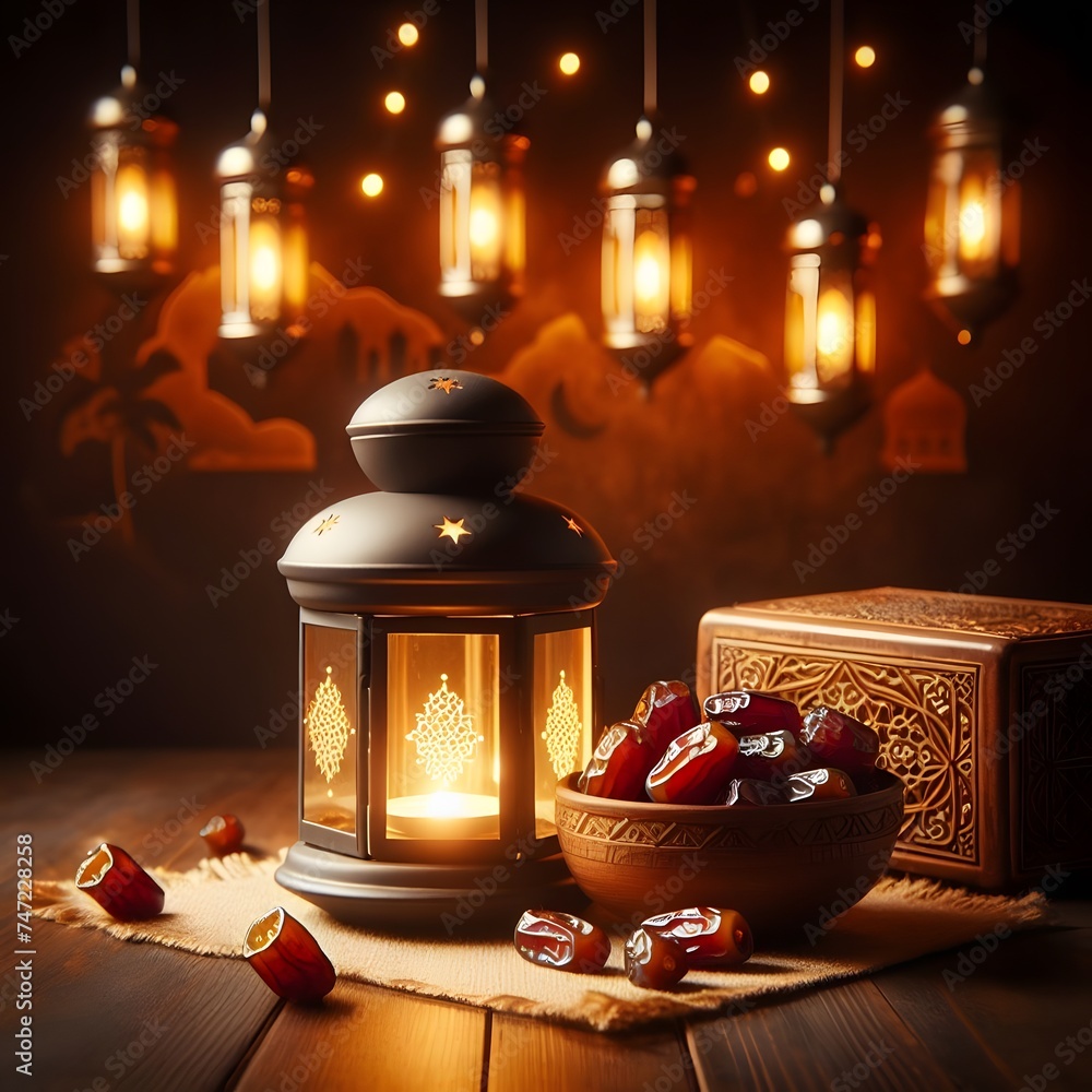 Poster lightened lantern and dates fruit on wooden table over dark background ramadan kareem generative ai