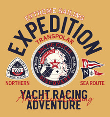 North pole Arctic ocean adventure extreme sailing expedition vintage print for boy kid man t shirt with nautical badge patches embroidery