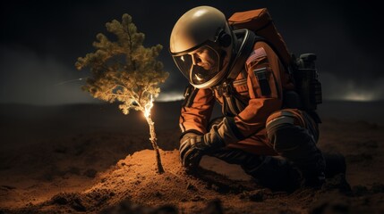 Astronaut planting a tree on mars to create sustainable habitat and advance colonization efforts - obrazy, fototapety, plakaty