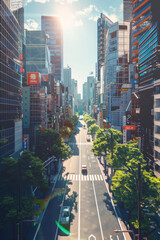 An image of a sunny city road with buildings and trees.
