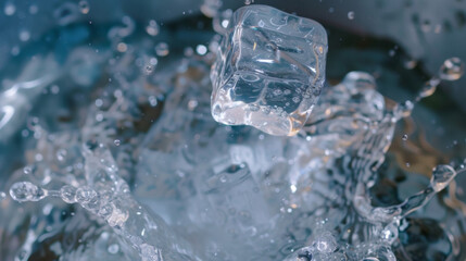 A frozen ice cube halfway through the process of being dropped into the waiting ice bucket.