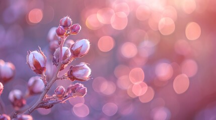 A springtime backdrop featuring the initial swelling and blooming of fluffy buds, sun glare in pink tones, copy space - obrazy, fototapety, plakaty