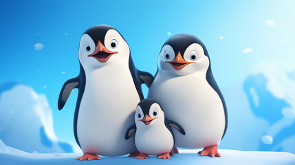 3D animation of a penguin family in arctic antarctica, a north pole.
